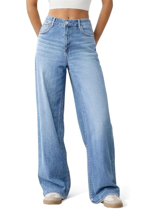 Denim - Women's Light Blue High Waisted Baggy Loose Straight Denim Pants Wide Leg Jeans